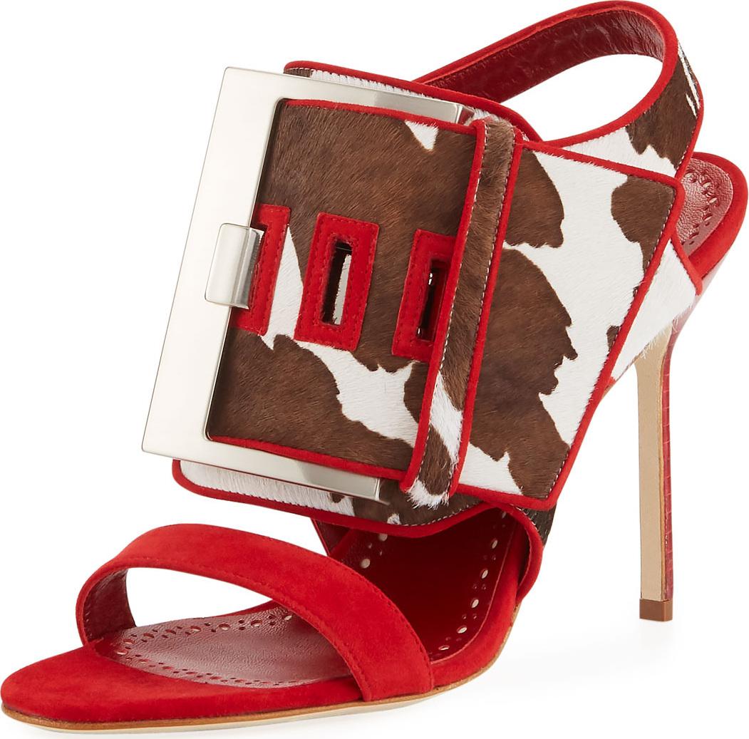 Manolo Blahnik Marta Mucco Fur-Trim Sandal