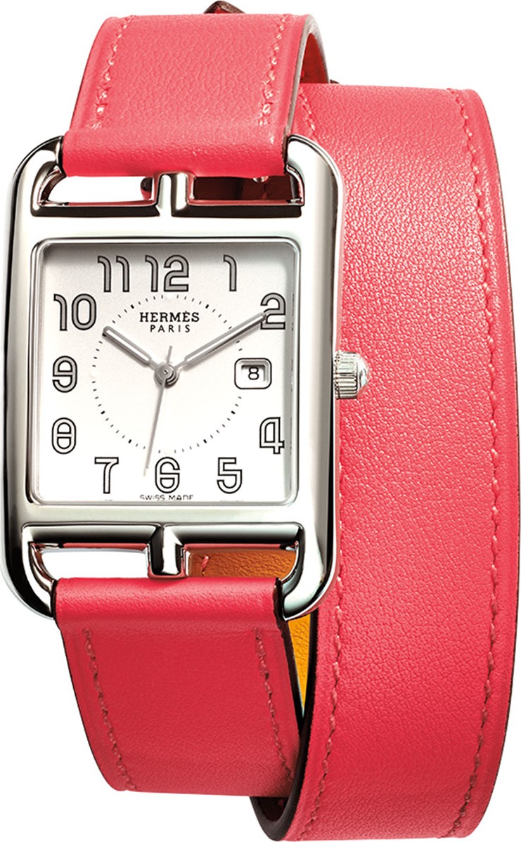 HERMÈS Cape Cod GM Stainless Steel Watch with Azalea Pink Leather Strap