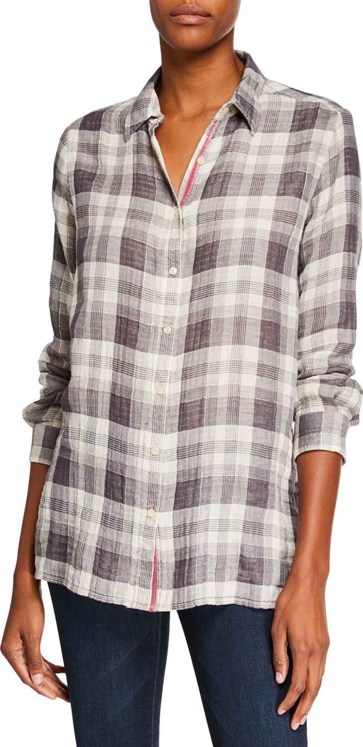 Johnny Was Hisako Plaid Button-Front Embroidered Back Shirt