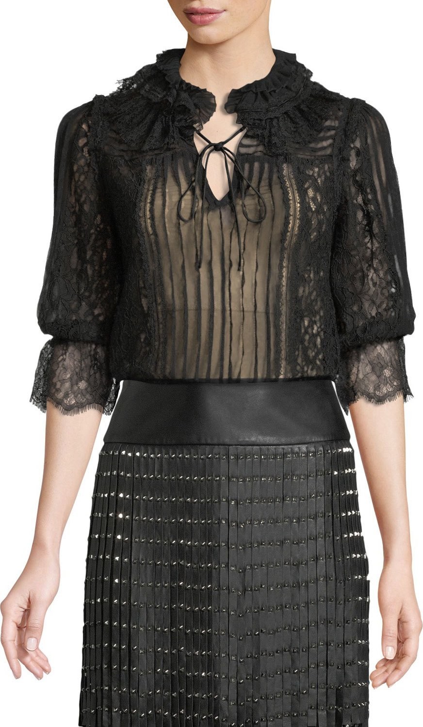 Alice + Olivia Pauletta Pleated Lace Tie-Neck Blouse