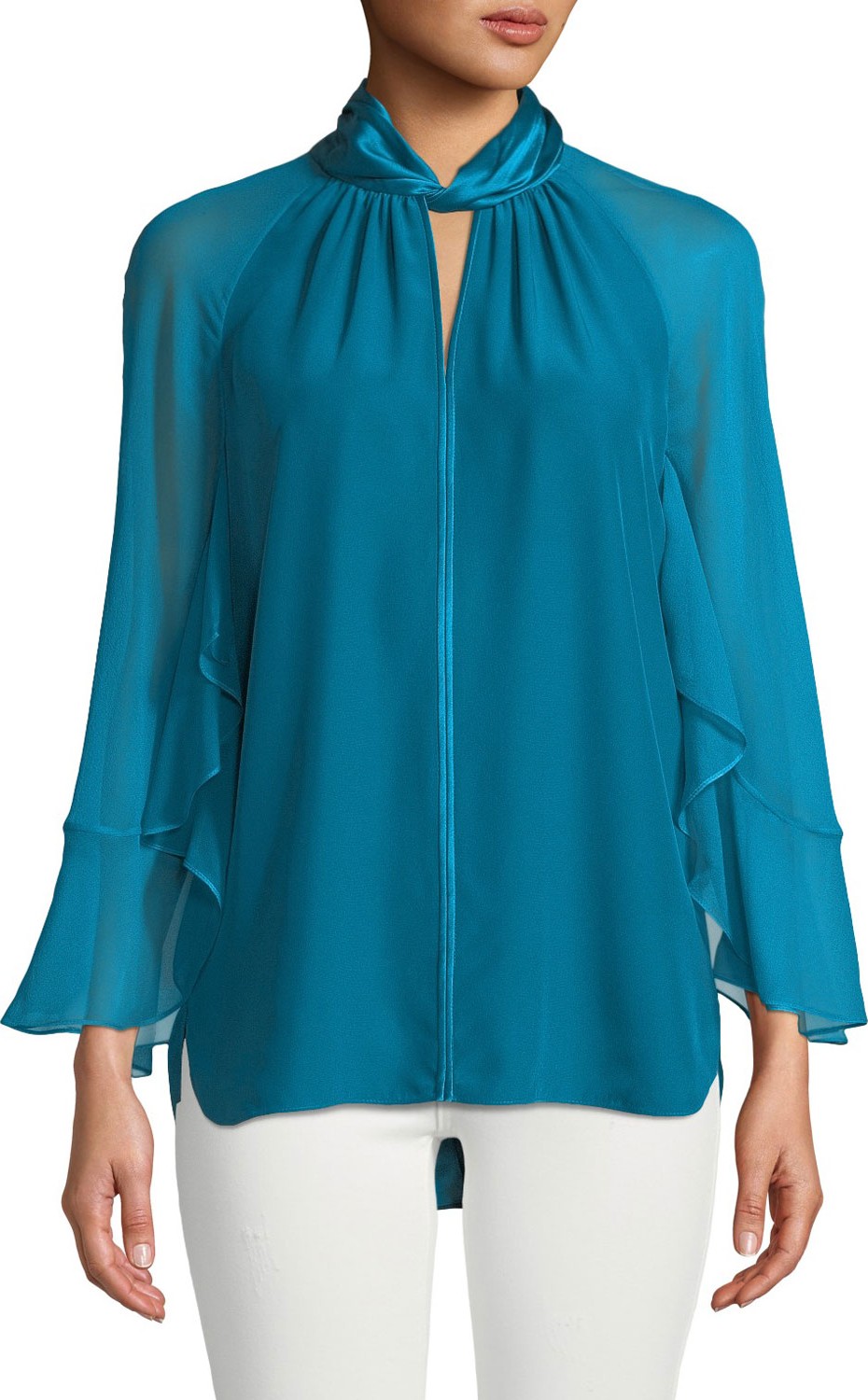 Elie Tahari Adrianna Long-Sleeve Silk Halter Blouse