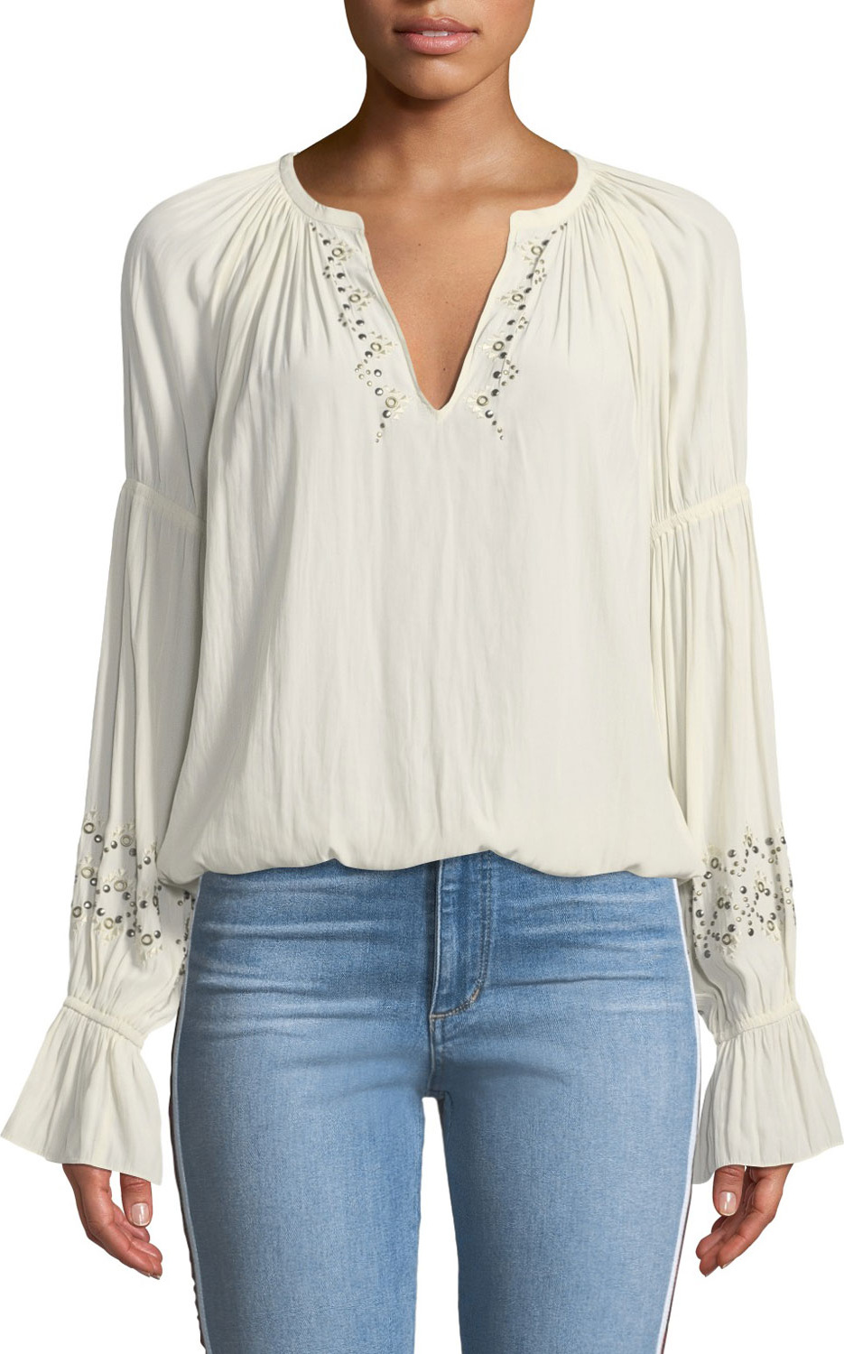Ramy Brook Antonia Embellished Silk Peasant Top