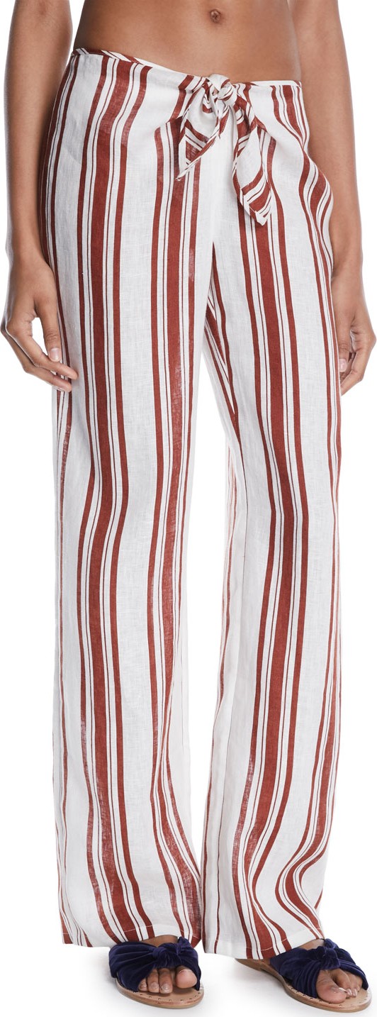 Tory Burch Kellen Striped Tie-Front Linen Beach Pants