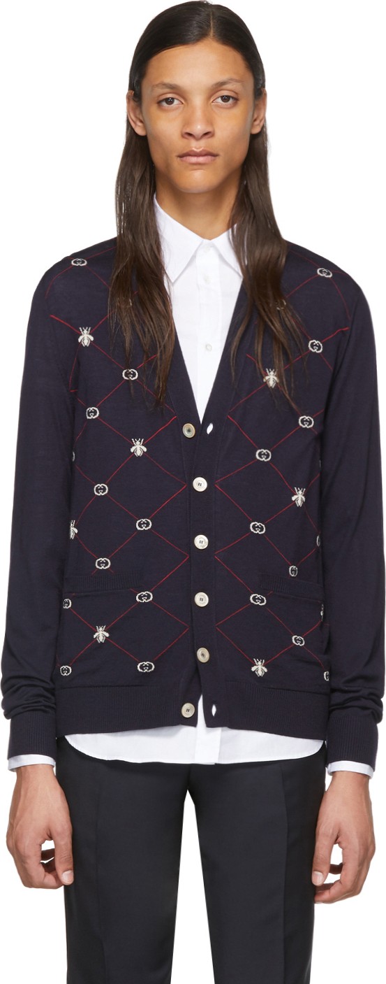 Gucci Navy Wool GG Bee Cardigan