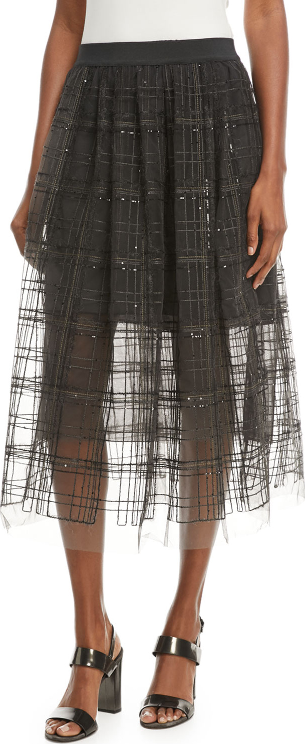 Brunello Cucinelli A-Line Tulle Skirt with Sequin Windowpane