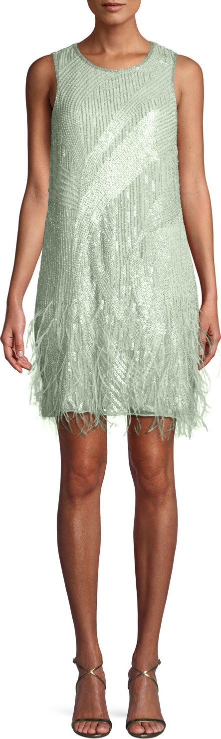 Parker Allegra Sequin Mini Cocktail Dress w/ Feathers