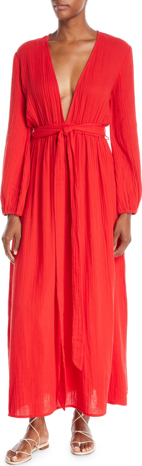 Mara Hoffman Luna Plunging Long-Sleeve Cotton Gauze Maxi Dress