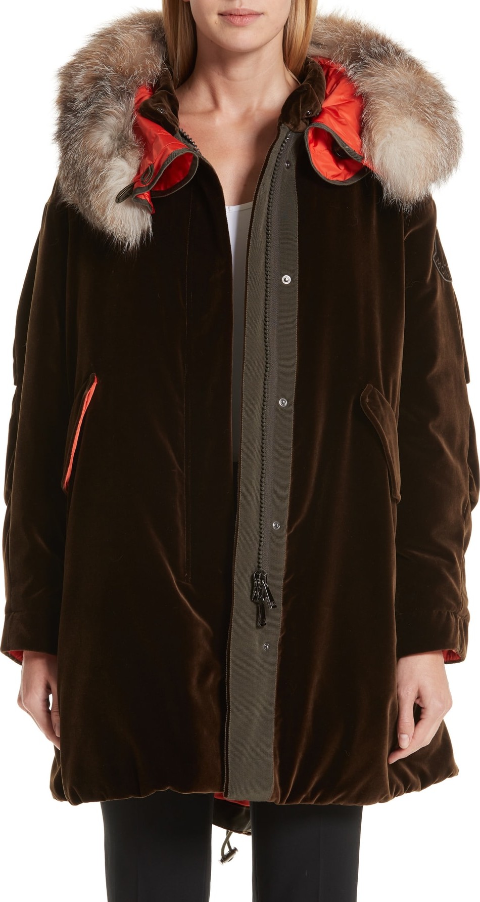 Moncler Tadorne Velvet Down Coat with Genuine Fox Fur Trim