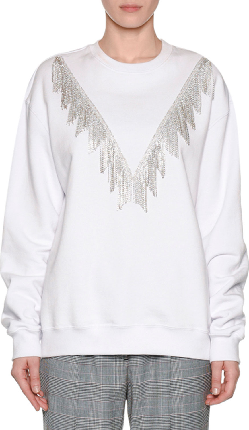 MSGM Crystal-Fringe Crewneck Pullover Sweatshirt