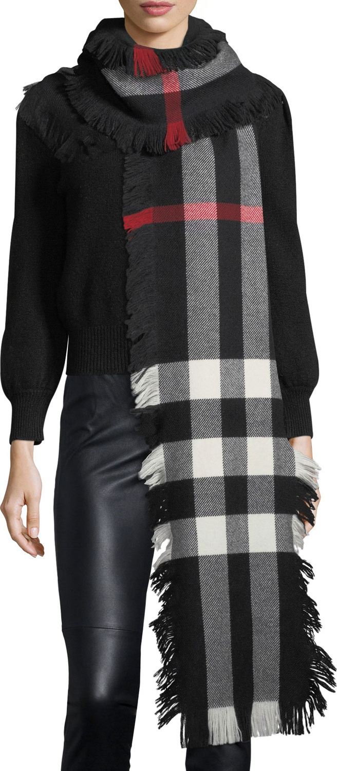 Burberry London England Half Mega Check Fashion Fringe Wool Scarf, Black
