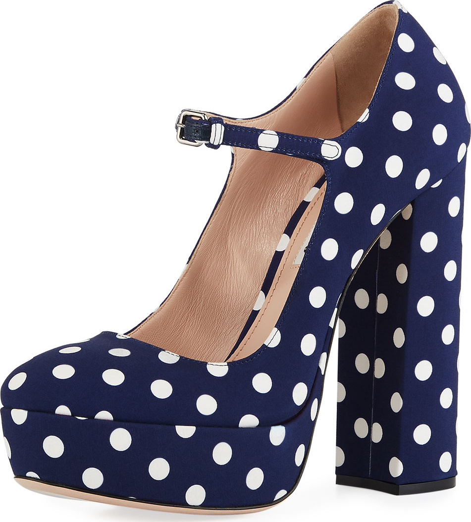 Miu Miu 135mm Polka-Dot Canvas Platform Mary Jane Pump