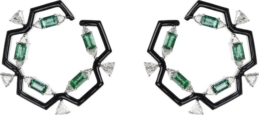 Nikos Koulis Oui 18k White Gold & Black Enamel Hoop Earrings with Emeralds & Diamond