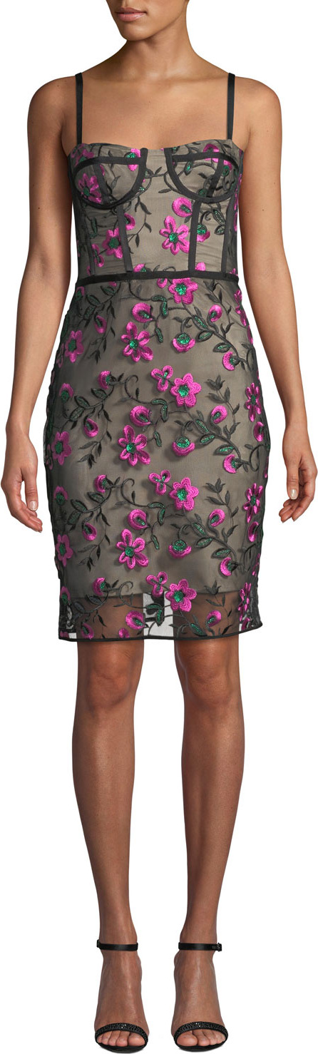 MILLY Sweetheart Bustier Floral-Embroidered Tulle Knee-Length Dress