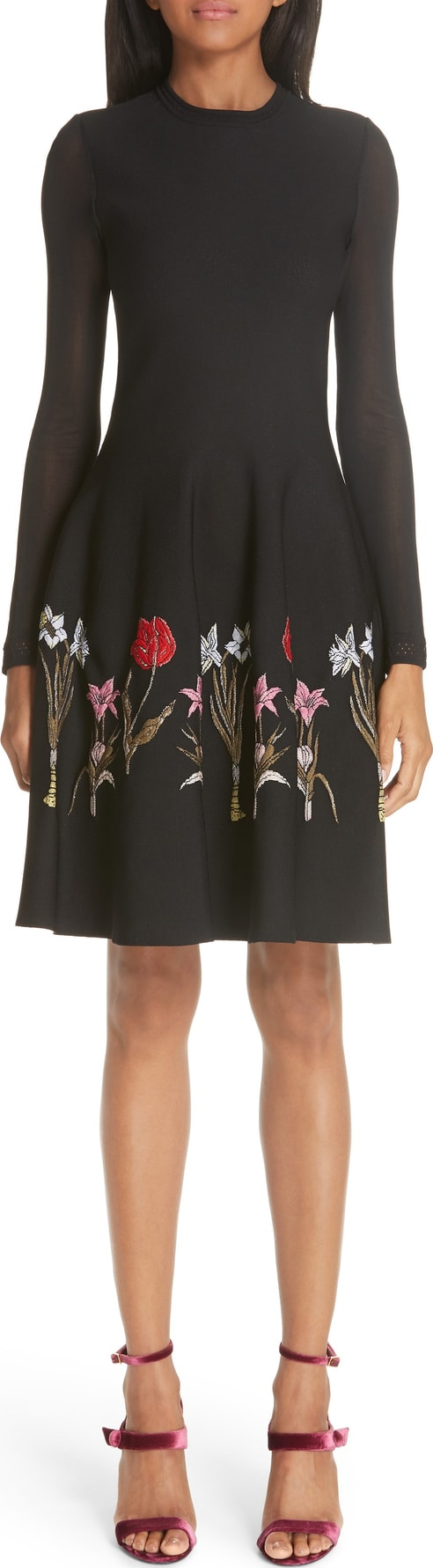 Oscar De La Renta Sheer Sleeve Floral Hem Dress