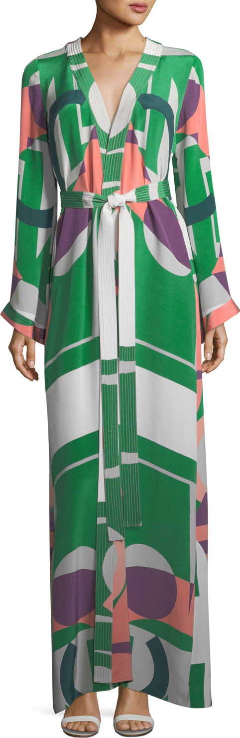Alexis Vidal Printed Long-Sleeve Self-Tie Caftan Dress