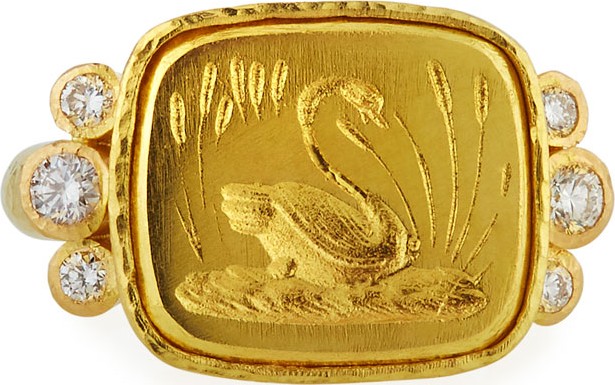 Elizabeth Locke 19k Gold Swan Signet Ring, Size 6.5