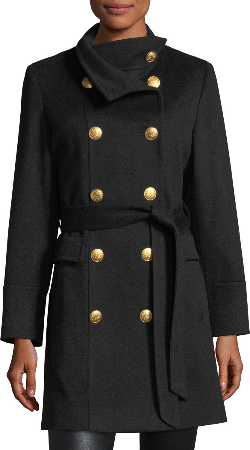 Sofia Cashmere Double-Breasted Golden-Button Military Wool Coat