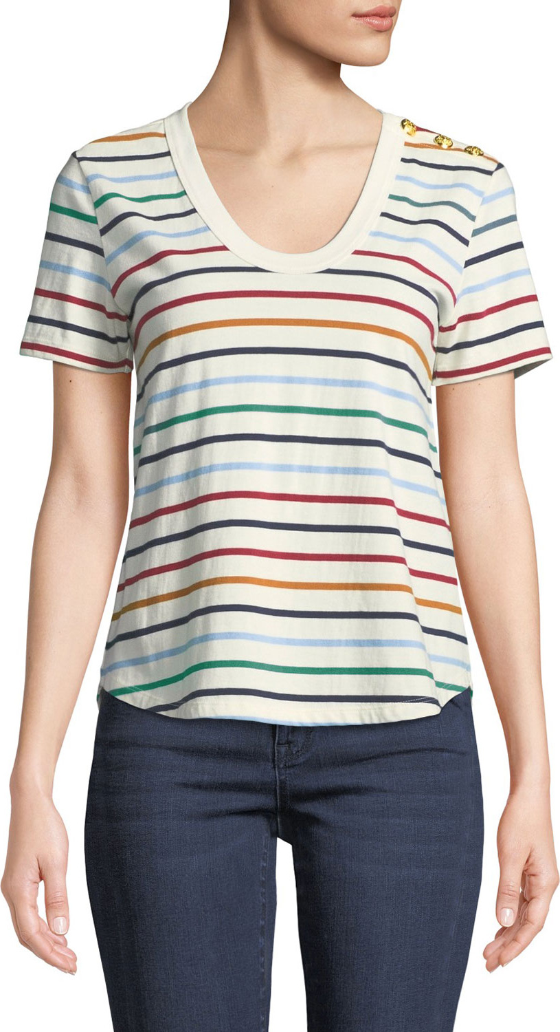 Veronica Beard Milo Striped Button-Shoulder Scoop-Neck Tee