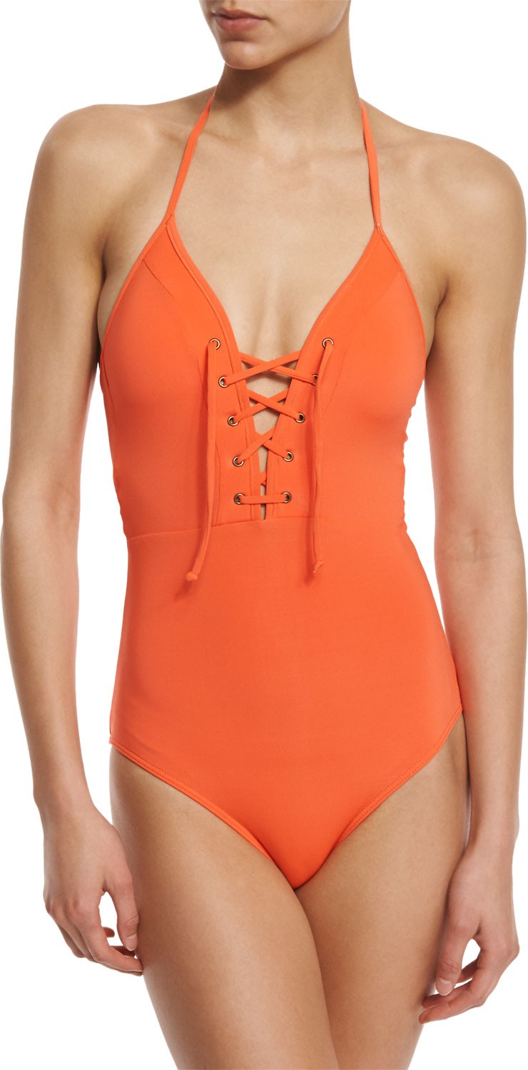 JETS by Jessika Allen Illuminate Plunging Lace-Up Front One-Piece Swimsuit