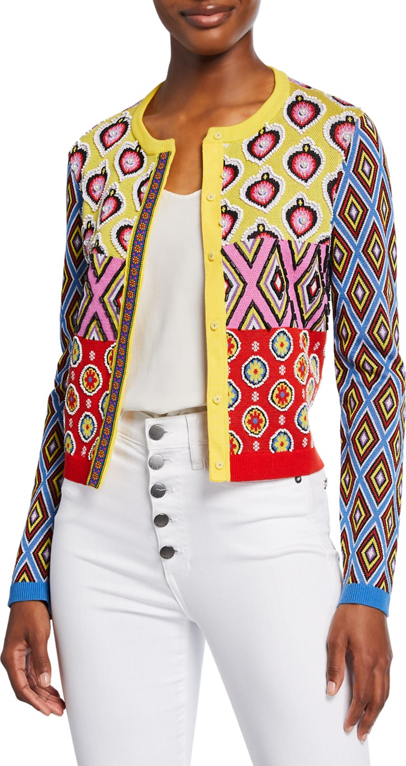 Alice + Olivia Ruthy Embellished Mixed-Print Button-Front Cardigan Alice + Olivia Ruthy Embellished Mixed-Print Button-Front Cardigan