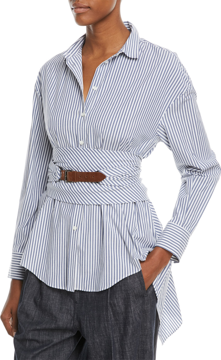 Brunello Cucinelli Button-Down Striped Cotton Poplin Blouse with Wrap Belt