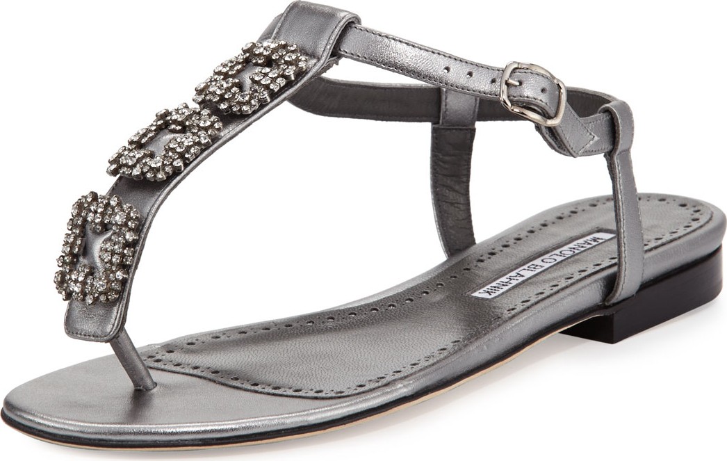 Manolo Blahnik Ottolina Crystal T-Strap Sandals, Silver