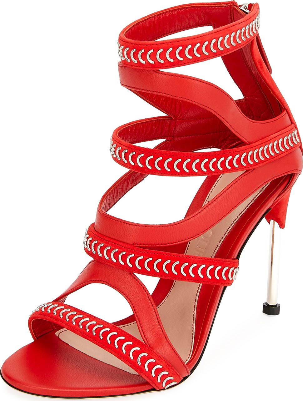 Alexander McQueen Cage Leather Chain-Trim Sandals, Red