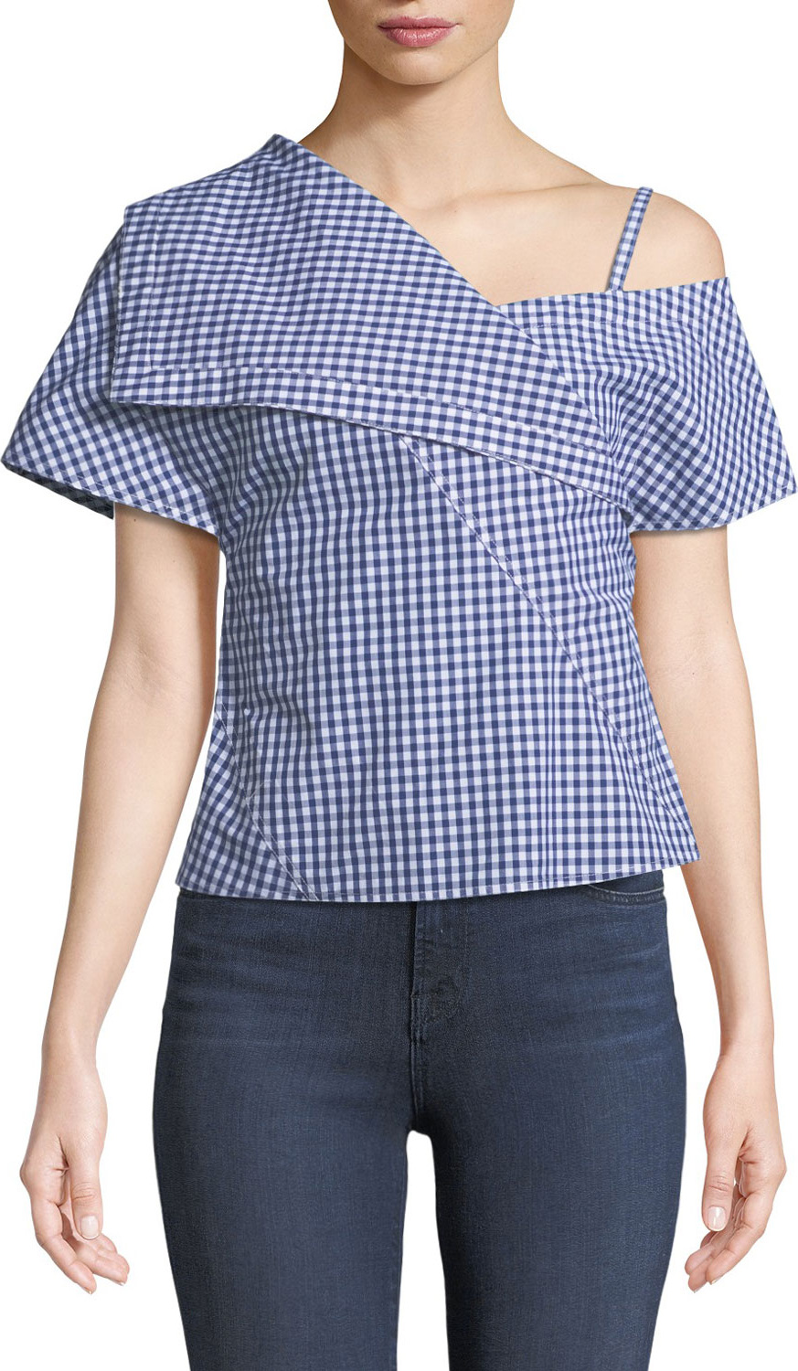 Theory One-Shoulder Foldover Hartman Gingham Top