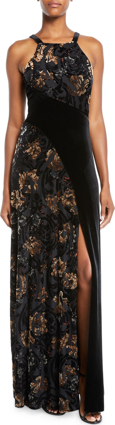 Aidan by Aidan Mattox Floral Velvet Halter Gown w/ Slit