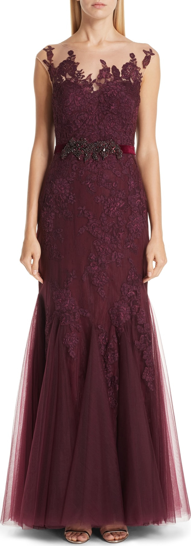 Badgley Mischka Belted Illusion Neck Lace Trumpet Gown