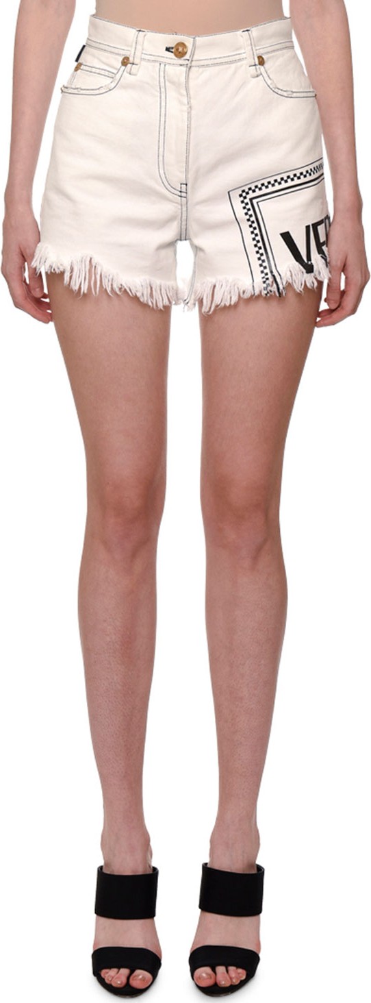 Versace Cutoff Fringe-Hem Logo-Print Denim Shorts
