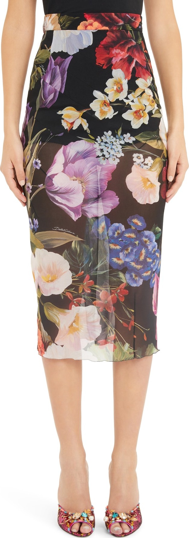 Dolce & Gabbana Floral Print Sheer Silk Pencil Skirt