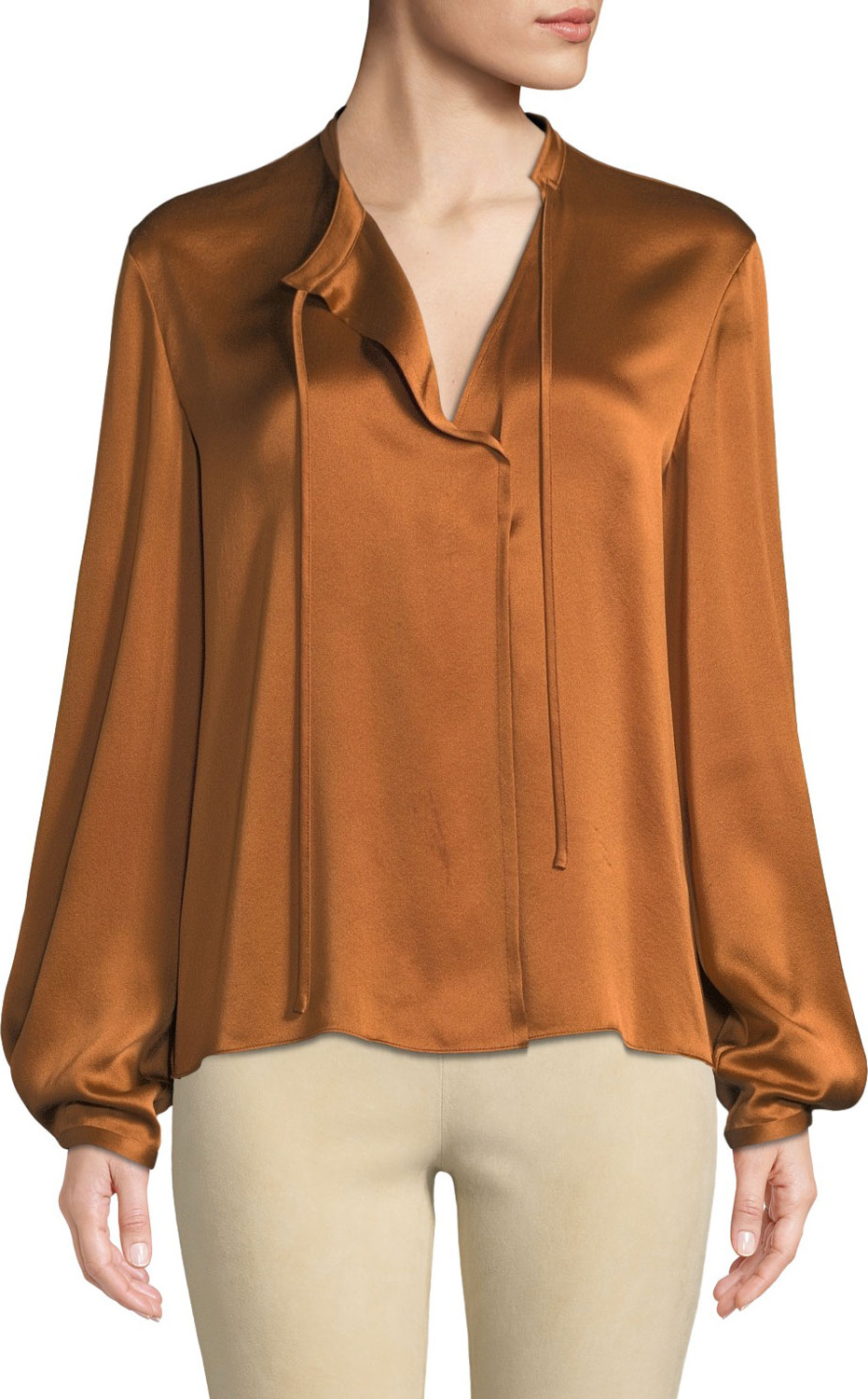 Vince Silk Tie-Neck Long-Sleeve Popover Blouse