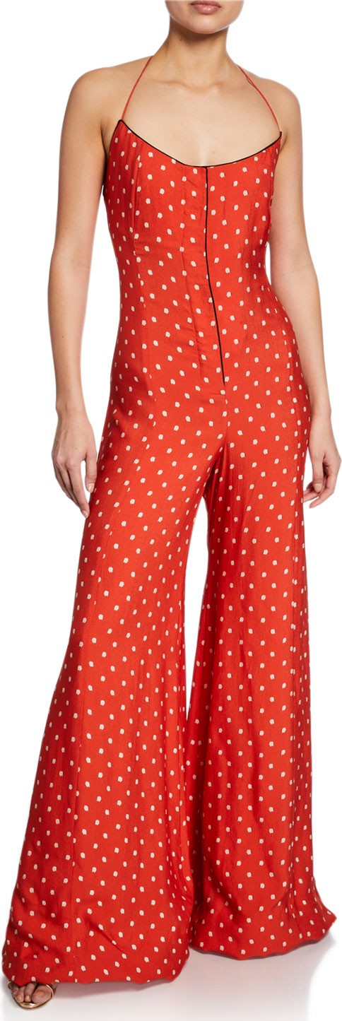 Alexis Holland Dot-Print Halter Wide-Leg Jumpsuit