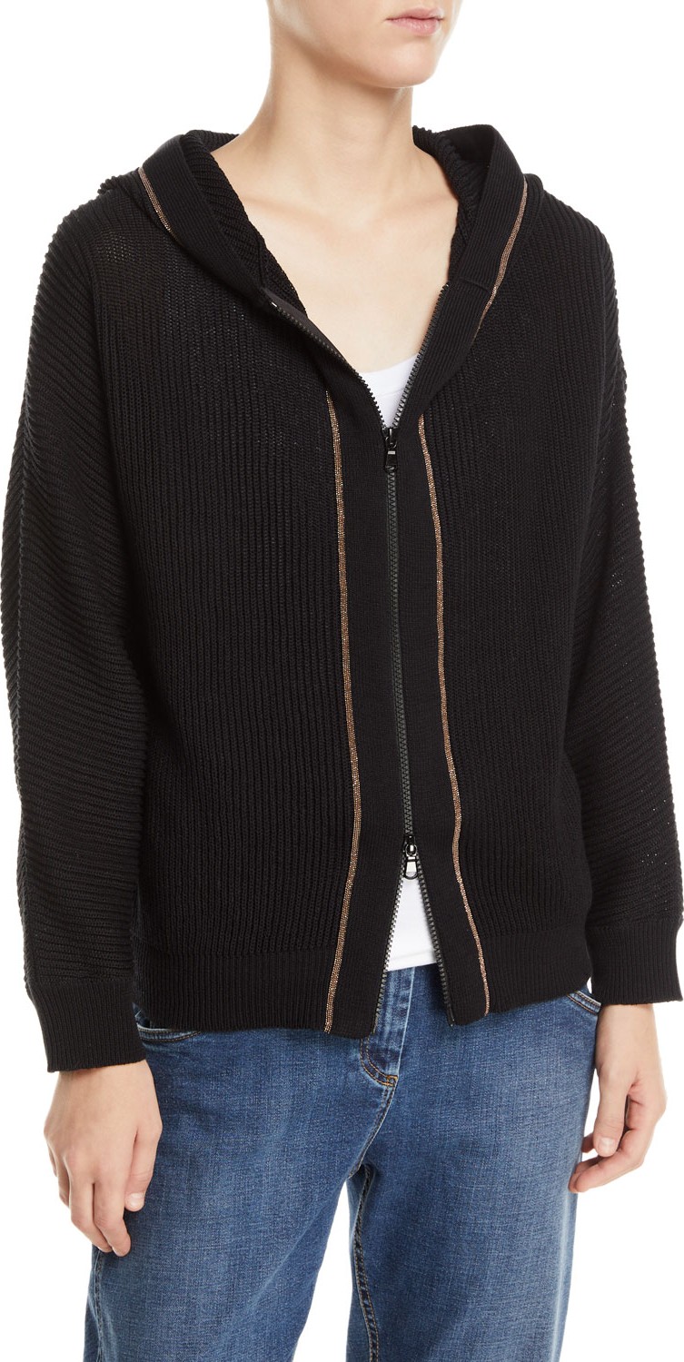 Brunello Cucinelli Monili-Beaded English-Ribbed Cotton Hoodie