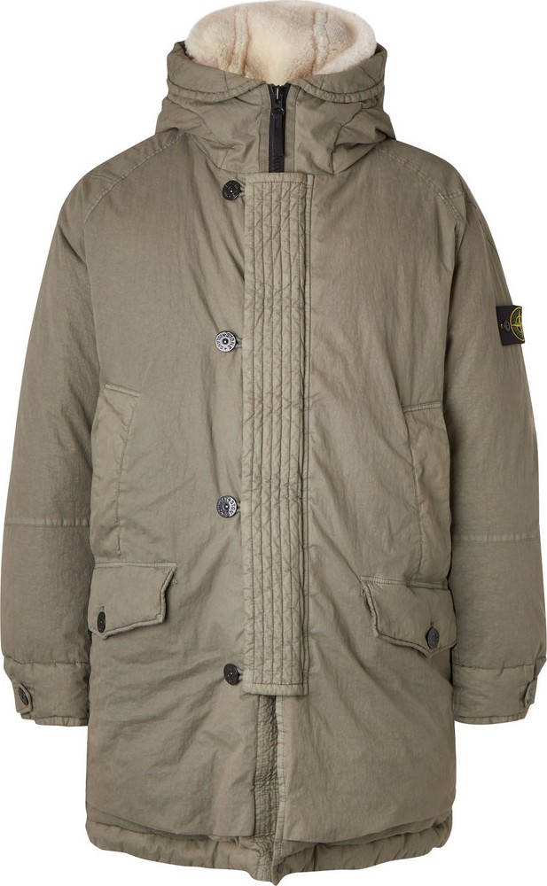 Stone Island Shearling-Trimmed Garment-Dyed Cotton-Blend Hooded Down Parka