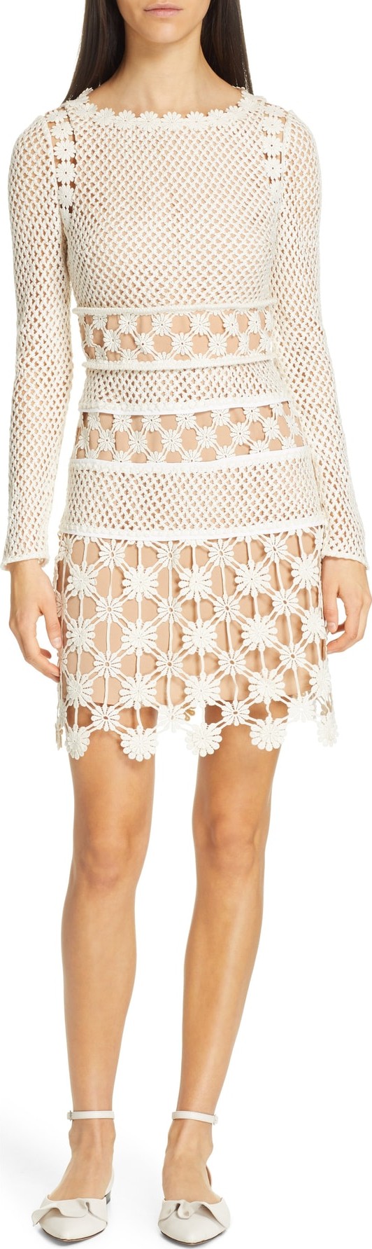 Self Portrait Long Sleeve 3D Floral Crochet Lace Minidress