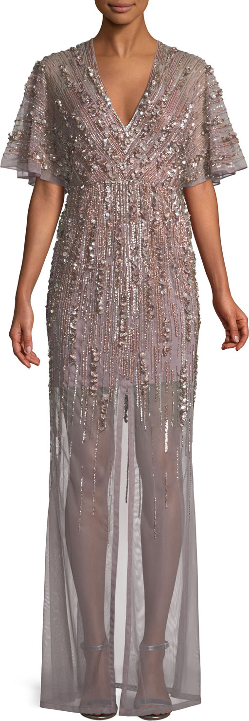 Aidan Mattox Beaded V-Neck Gown w/ Illusion Skirt