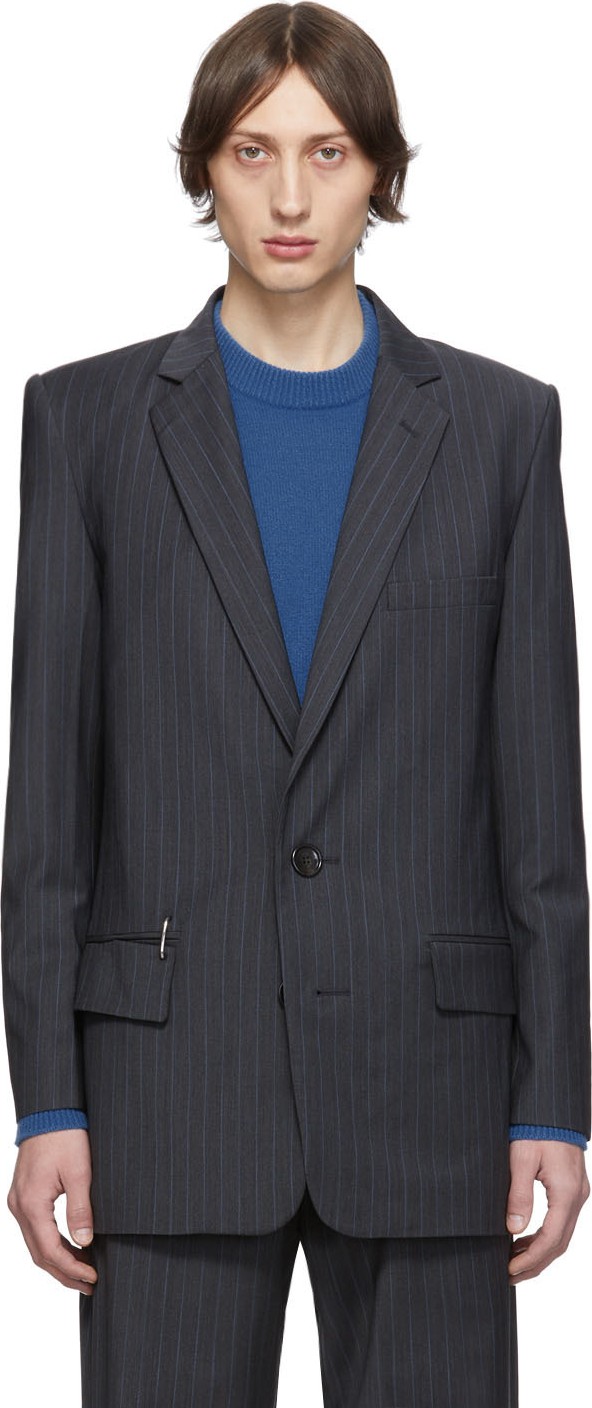 Tibi SSENSE Exclusive Grey Wool Pinstripe Long Blazer