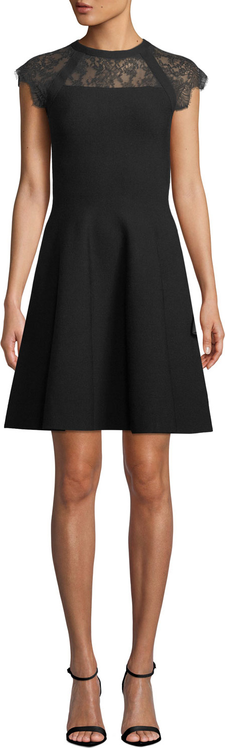 MILLY Lace-Yoke Cap-Sleeve Fit-and-Flare Short Dress
