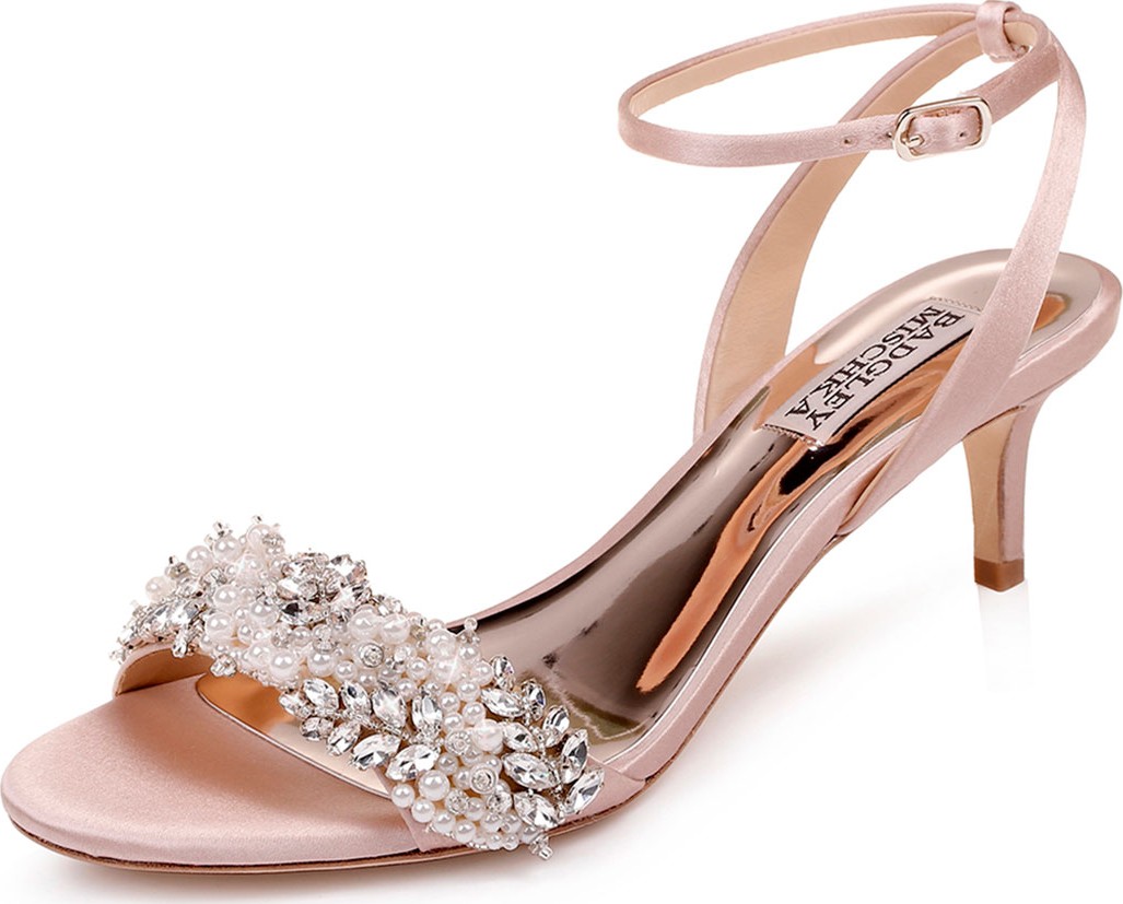 Badgley Mischka Fiona Embellished Satin Kitten-Heel Sandals