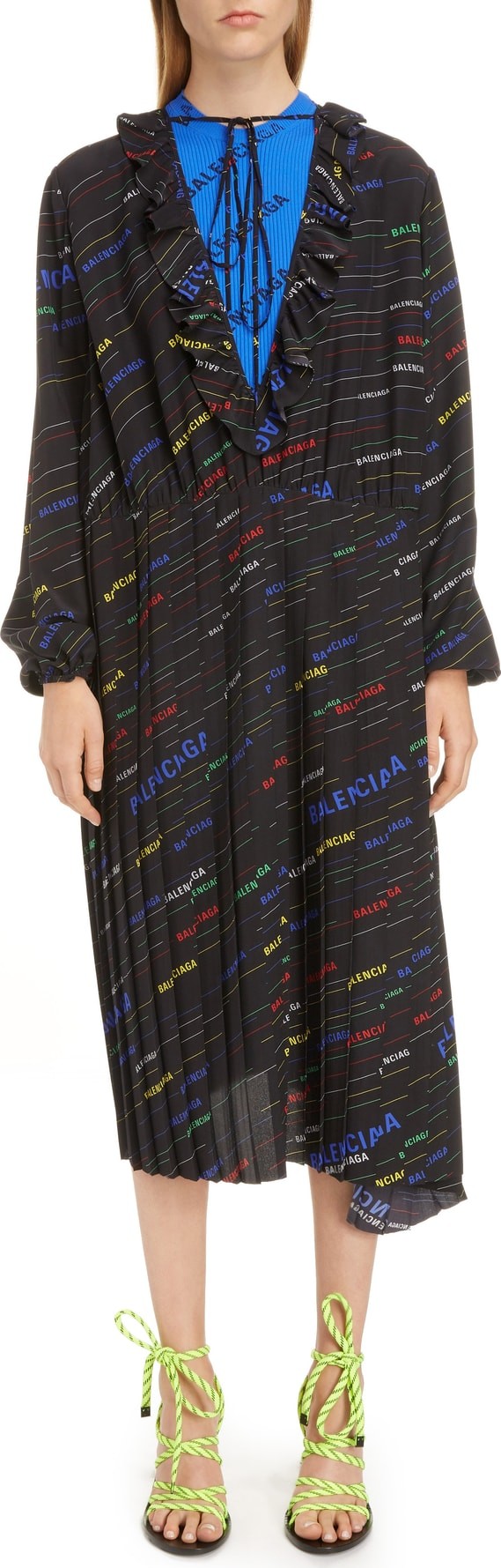 Balenciaga Stripe Logo Print Ruffle Dress