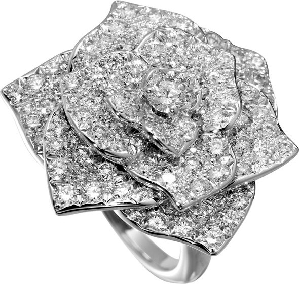 Piaget Pave Diamond Rose Ring in 18K White Gold, Size 52