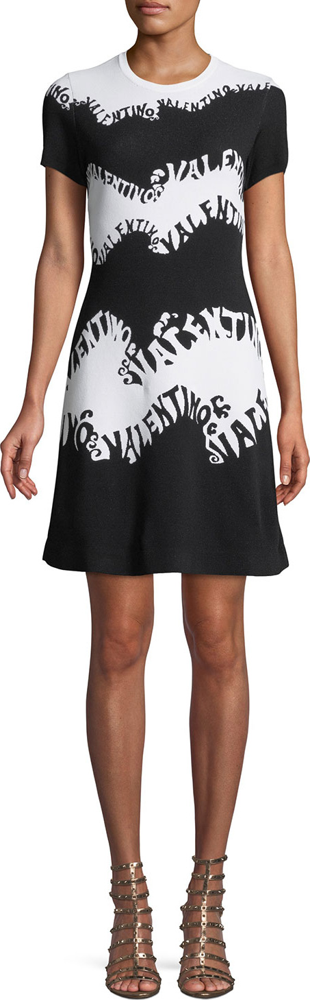 Valentino Valentino-Waves Stretch-Viscose Jacquard Short-Sleeve A-Line Knit Dress