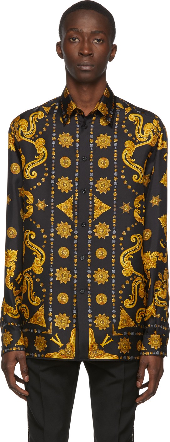 Versace Black & Gold Silk Barocco Western Shirt