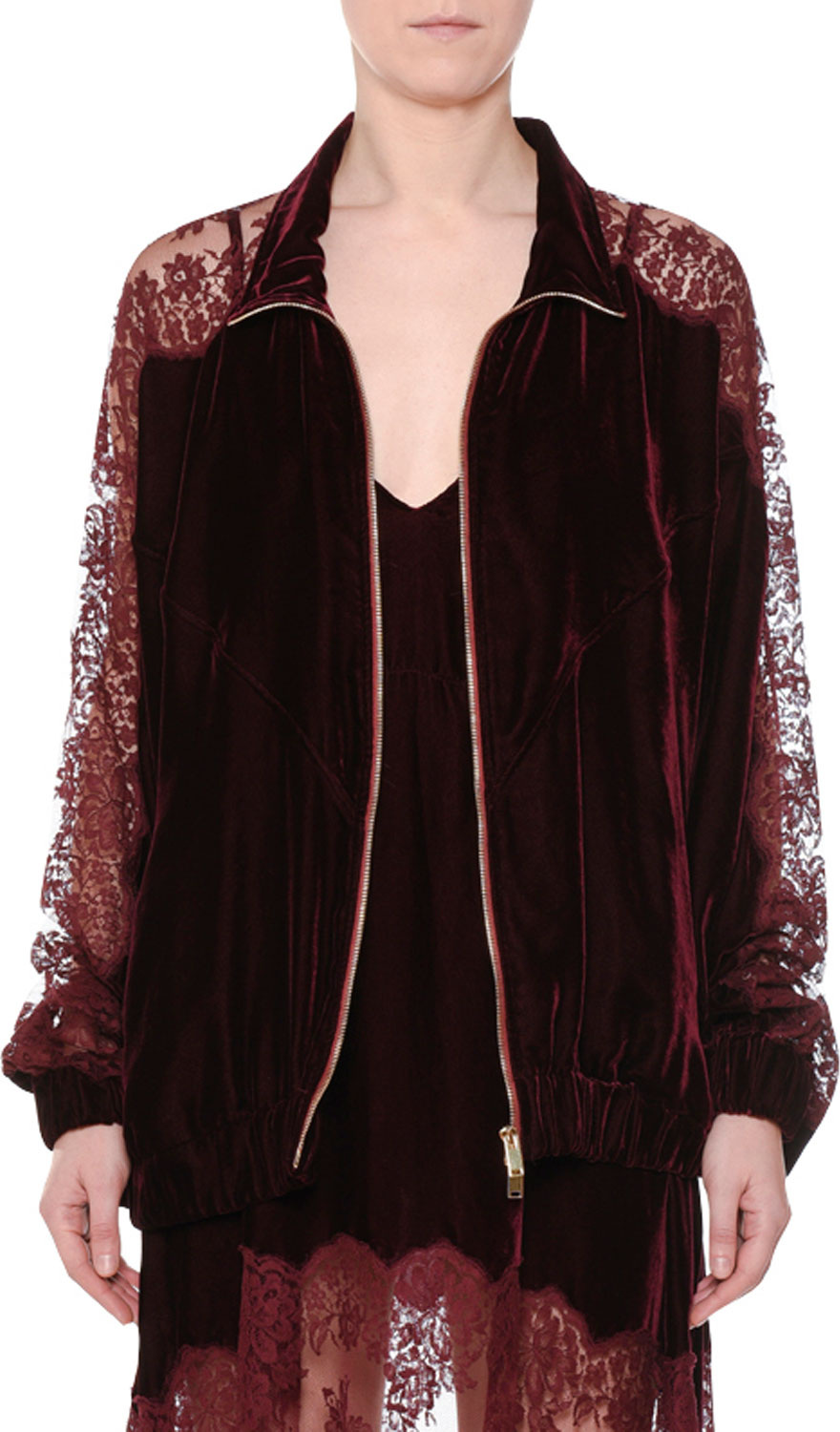 Stella McCartney Zip-Front Velvet Bomber Jacket with Lace Inset