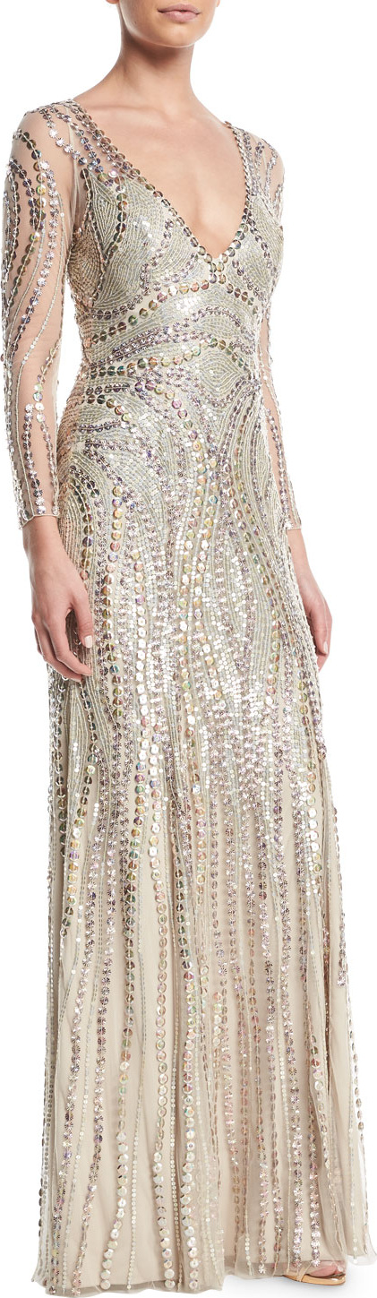 Jenny Packham Long-Sleeve Sequined Illusion-Back Gown