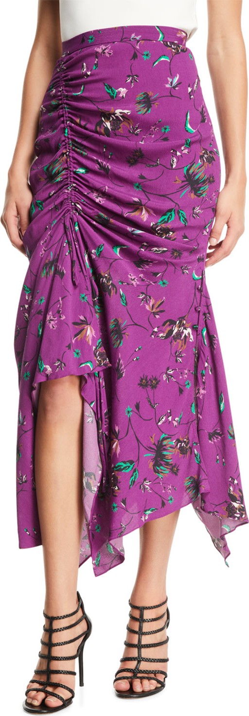 Tanya Taylor Raquel Floral-Print Ruched Handkerchief Midi Skirt