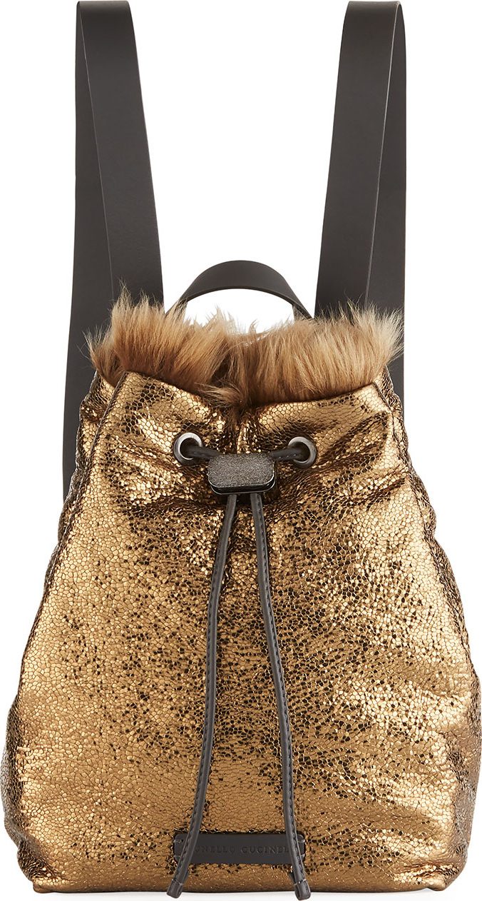 Brunello Cucinelli Broken-Glass Effect Backpack with Shearling Fur