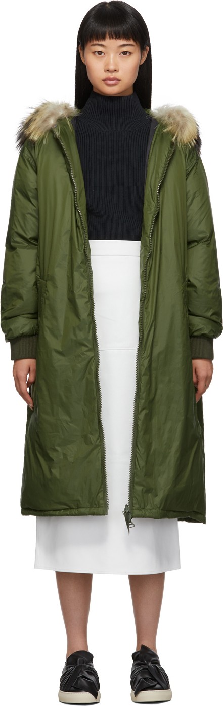 Army By Yves Salomon Green Down & Fur Hooded Coat